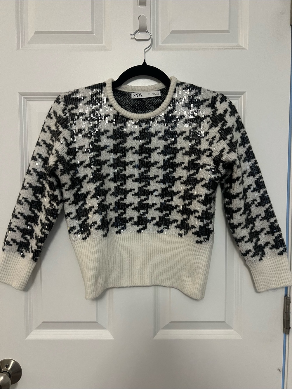 Zara Black & White Houndstooth Sequin Crewneck Sweater